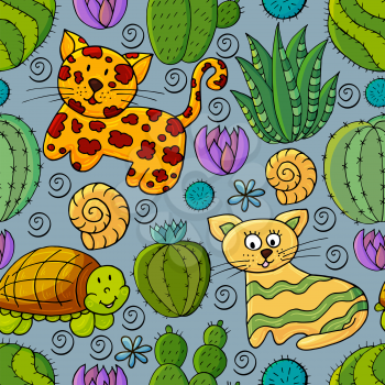 Seamless botanical illustration. Tropical pattern of different cacti, aloe, exotic animals. Turtle, leopard, cat shells flowers