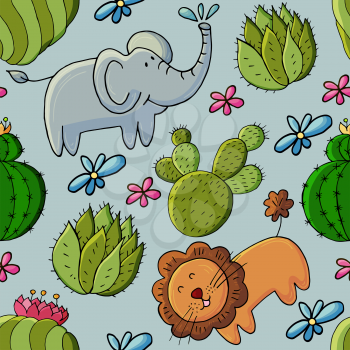 Seamless botanical illustration. Tropical pattern of different cacti, exotic animals. Lion, elephant, flowers