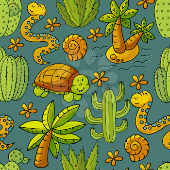 Seamless botanical illustration. Tropical pattern of different cacti, exotic animals. Turtle, snake, palm tree, shells flowers