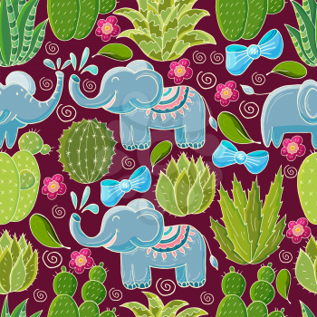 Seamless botanical illustration. Tropical pattern of different cacti, scarlet. Elephants, bows, flowering exotic plants