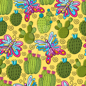 Seamless botanical illustration. Tropical pattern of various cacti, aloe. Butterfly, flower, exotic plants