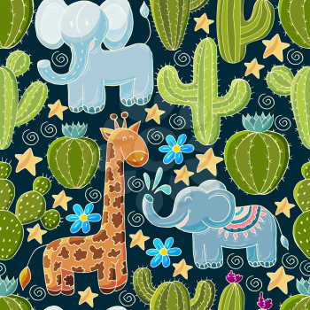 Seamless botanical illustration. Tropical pattern of various cacti, aloe. Elephants, giraffes, flowering exotic plants