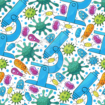 Seamless pattern bacteria and microbes. Search for viruses, microscope. Cartoon microbes in hand draw style. Coronavirus, bacteria, microorganisms