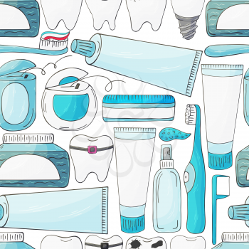 Seamless pattern. Cartoon elements in hand draw style. Background for packaging, advertising. Dental health, toothpaste, toothbrush