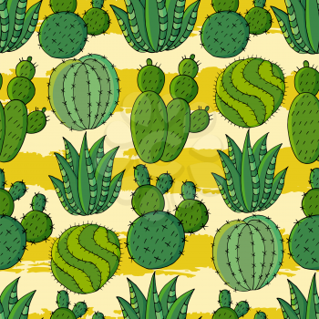 Seamless pattern of different cacti. Cute vector background of exotic plants. Tropical wallpaper in green colors. The trendy image is ideal for design