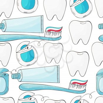 Seamless pattern on a white background. Cartoon elements in hand draw style. Background for packaging, advertising. Dental health, toothpaste, toothbrush