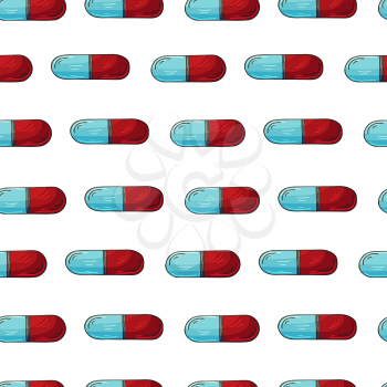 Seamless pattern on a white background. Cartoon medical drugs in hand draw style