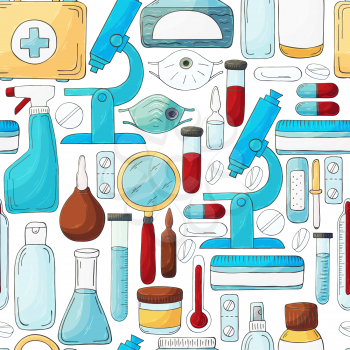 Seamless pattern on a white background. Cartoon medical instruments in hand draw style. Microscope, laboratory instruments