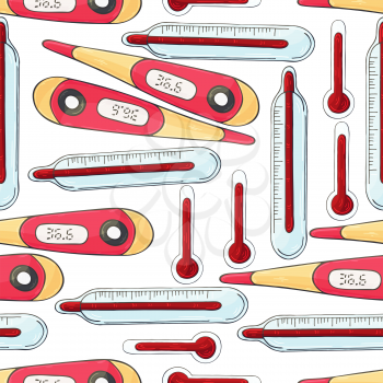 Seamless pattern on a white background. Cartoon medical instruments in hand draw style. Thermometers, thermometers, temperature measurement