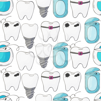 Seamless pattern on a white background. Cartoon teeth in hand draw style. Background for packaging, advertising. Healthy teeth, caries, braces, dental floss