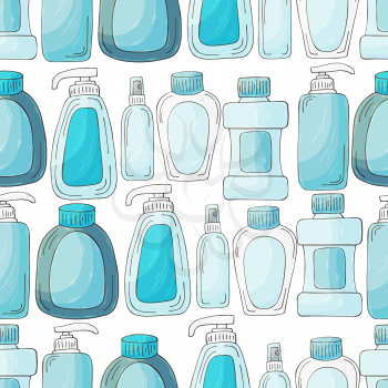 Seamless pattern. Set of bathroom elements in hand draw style on a white background. Collection of cans, tubes. Antiseptic, toothpaste