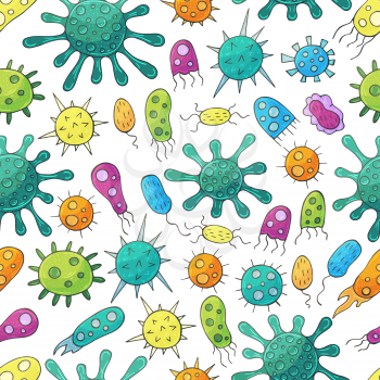 Seamless pattern with bacteria and viruses. Set of cartoon elements in hand draw style. Coronavirus, microorganisms