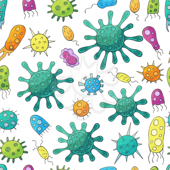 Seamless pattern with bacteria and viruses. Vector design elements. Set of cartoon microbes in hand draw style. Coronavirus, bacteria, microorganisms