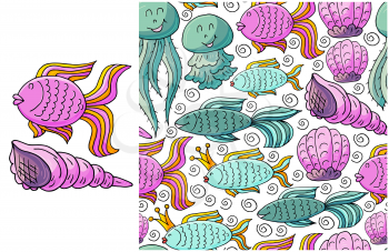 Set of element and seamless pattern. ideal for children's clothing. Fishes, seashells and marine background. Cute illustrations