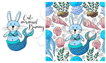 Set of element and seamless pattern. ideal for children's clothing. Rabbit mermaid and background with seashells and sea elements