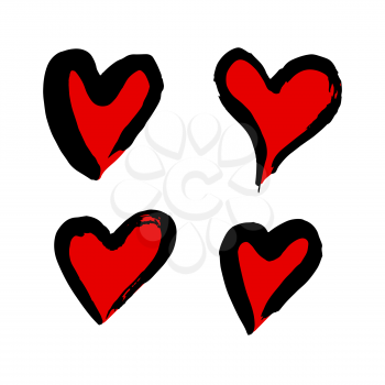 Set of romantic icon, heart. Hand drawing paint, brush drawing. Isolated on a white background. Doodle grunge style icon. Decorative. Outline, line icon, cartoon illustration. Sticker, pi