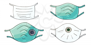 Set of vector illustrations. Set of masks in hand draw style. Collection of medical masks, respirators, virus protection