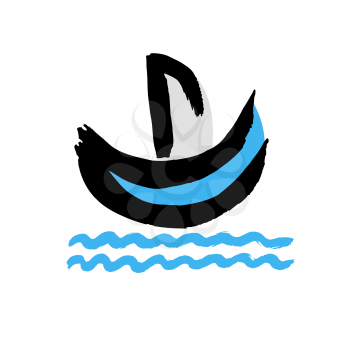 Ship, sailboat icon. Hand drawing paint, brush drawing. Isolated on a white background. Doodle grunge style icon. Decorative. Outline icon, cartoon illustration