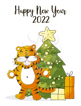 Symbol of 2022. New Year card in hand draw style. Christmas tree, gifts, tiger. New year 2022. Cartoon illustration