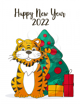 Symbol of 2022. New Year card in hand draw style. Christmas tree, gifts, tiger. New year 2022. Cartoon illustration for postcards, calendars, posters, flyers