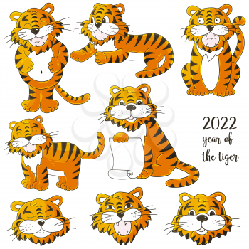 Symbol of 2022. Set of tigers in hand draw style. Faces of tigers. New Year 2022