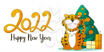 Symbol of 2022. Vector card with a tiger in hand draw style. New Year. Lettering 2022. Cartoon illustration