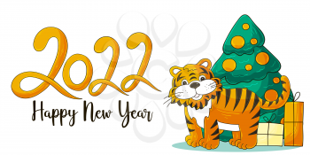 Symbol of 2022. Vector card with a tiger in hand draw style. New Year. Lettering 2022. Cartoon illustration for cards, calendars, posters