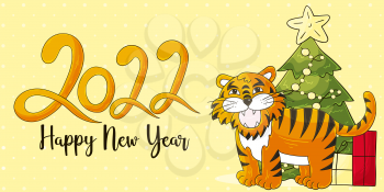 Symbol of 2022. Yellow vector greeting card with a tiger in hand draw style. New Year. Lettering 2022. Cartoon illustration for cards, calendars