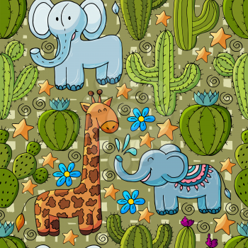Tropical pattern of different cacti, aloe, exotic animals. Seamless botanical illustration. Elephant, giraffe, stars colorful flowers