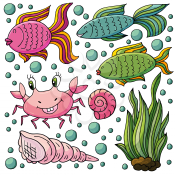 Vector illustration, ocean, underwater world, marine clipart. Set of Cartoon characters for cards, flyers, banners, children's books. Print for t-shirts. Seaweed, fish, shells, crab