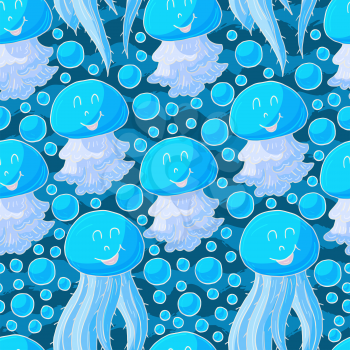 Vector illustration, ocean, underwater world, marine clipart. Summer style. Seamless pattern for cards, flyers, banners, fabrics. Jellyfish and drops of water
