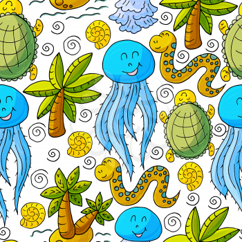 Vector illustration, ocean, underwater world, marine clipart. Summer style. Seamless pattern for cards, flyers, banners, fabrics. Palm tree turtle snake jellyfish