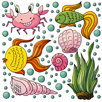 Vector illustration, ocean, underwater world, marine clipart. Set of Cartoon characters for cards, flyers, banners, children's books. Print for t-shirts. Seaweed, crab, fish shells