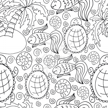 Vector Seamless pattern in hand draw style. Liner illustration. Pattern, background on the marine theme. Palm trees, fish, turtles