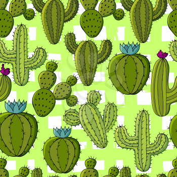 Vector seamless pattern of different cacti. Cute background from tropical plants. Exotic wallpaper in green colors. Trending image ideal for fabrics
