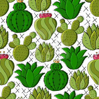 Vector seamless pattern of different cacti. Cute background from tropical plants. Exotic wallpaper in green colors. Trending image ideal for fabrics, wallpaper