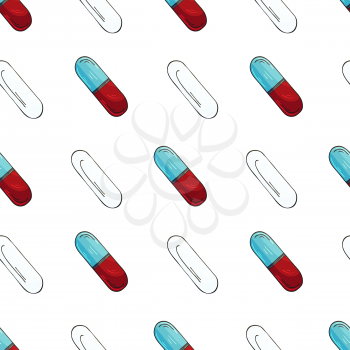 Vector Seamless pattern on a white background. Cartoon medical drugs in hand draw style. Background for packaging, advertising of tablets, capsules