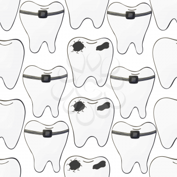 Vector Seamless pattern on a white background. Cartoon teeth in hand draw style. Background for packaging, advertising. Healthy teeth, caries, braces
