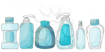 Vector set of design elements. Set of bathroom elements in hand draw style. Collection of cans, packages, tubes. Antiseptic, toothpaste, gel