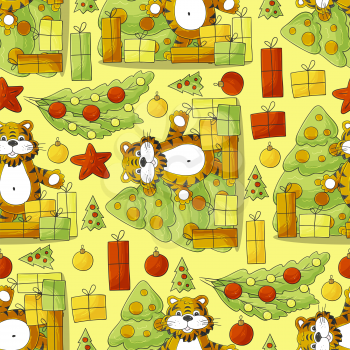 Bright Seamless pattern for year of the tiger 2022. Pattern. Tiger, Christmas tree, gifts, Christmas tree decorations. Can be used for fabric, textile and etc