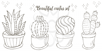 Coloring illustration. Set of cartoon images of cacti in flower pots. Cacti, aloe, succulents. Collection Decorative natural elements are isolated on white