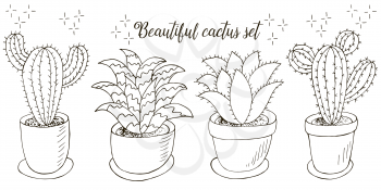 Coloring illustration. Set of cartoon images of cacti in flower pots. Cacti, aloe, succulents. Collection natural elements