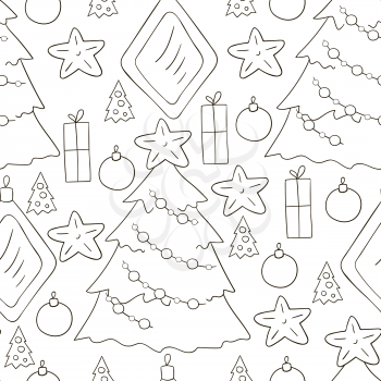 Coloring Seamless vector pattern with stars, Christmas tree decorations. Pattern in hand draw style. Can be used for fabric and etc