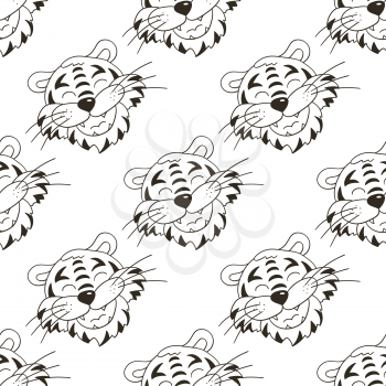 Coloring Seamless vector pattern with tigers faces. Pattern in hand draw style. New Year's holidays 2022. Year of the tiger. Can be used for fabric, packaging and etc