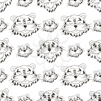 Coloring Seamless vector pattern with tigers faces. Pattern in hand draw style. New Year's holidays 2022. Year of the tiger. Can be used for packaging and etc