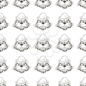 Coloring Seamless vector pattern with tigers heads in Christmas hats. Pattern. New Year's holidays 2022. Year of the tiger. Can be used for fabric and etc