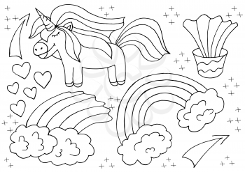 Coloring unicorn design elements in hand draw style. Girly fairy collection. Unicorn, horn, rainbow, heart. Unicorn icons, cartoon style. Sign, sticker pin