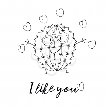 Coloring vector illustration. Cartoon cactus. Stylish cactus with glasses. Hearts, love. I like you