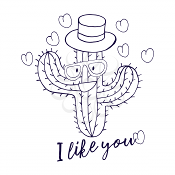 Coloring vector illustration. Cartoon image of a cactus. Stylish cactus in a hat and glasses. Hearts, love. I like you