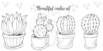 Cute vector illustration. Set of cartoon images of cacti in flower pots. Cacti, aloe, succulents. Collection Decorative monochrome elements are isolated on white